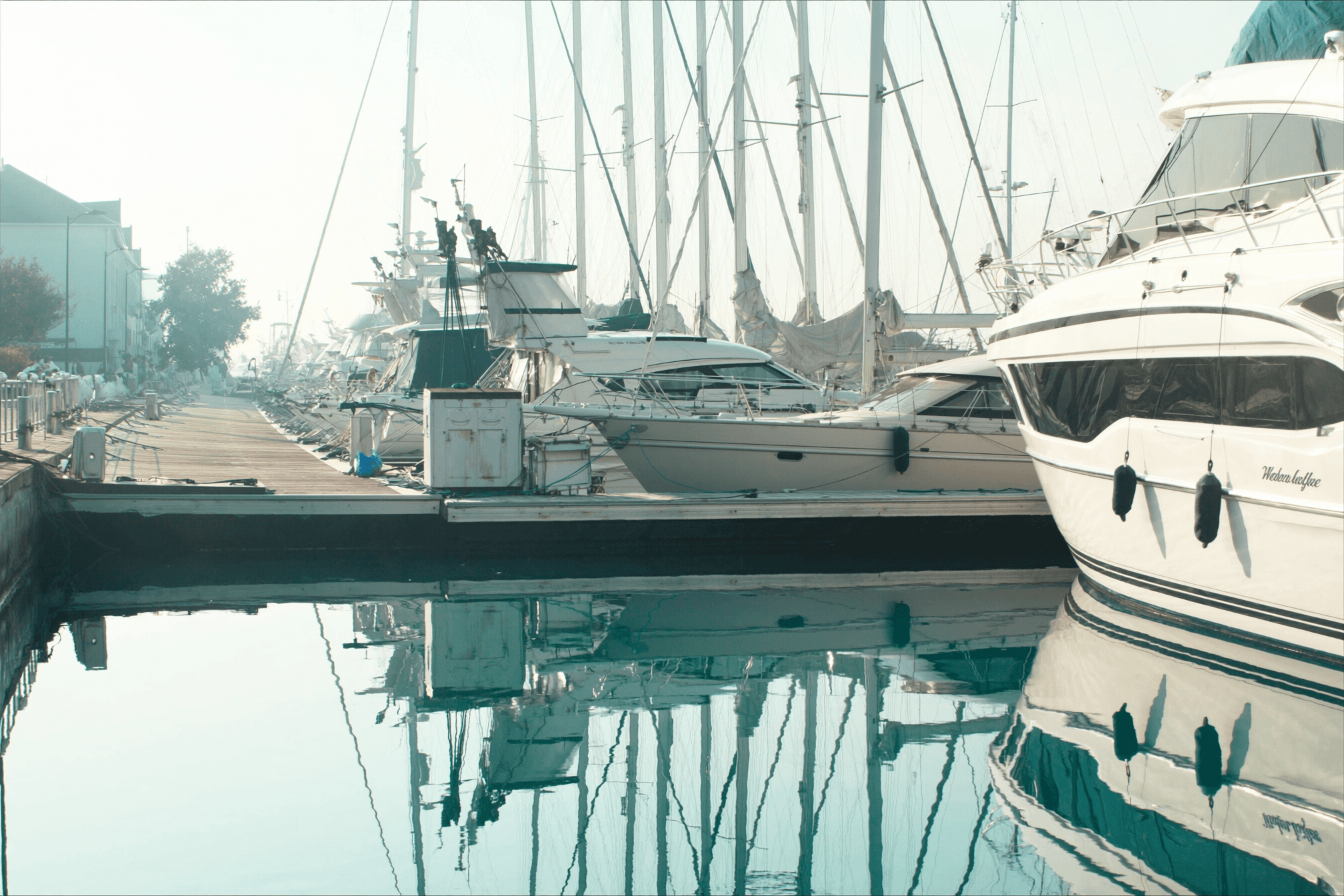 Sport-fishers and cruisers berthed along a floating dock at Anchorlight in evening light