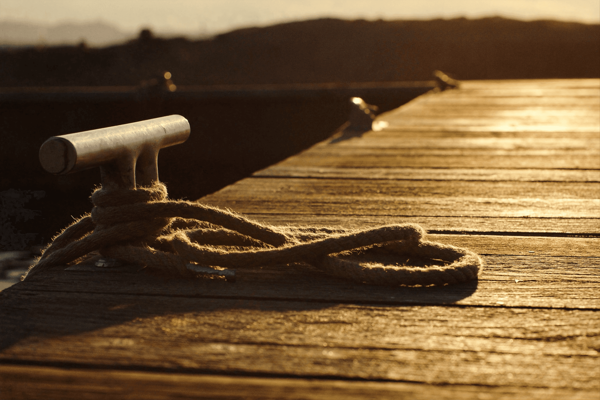 A dock line made off in a figure eight around a brass cleat, beaded with evening spray